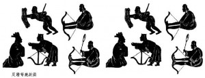 a pic of using archery with feet in ancient China